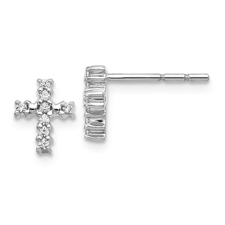 Rhodium Over 14K White Gold Polished 0.096 cttw. Diamond Cross Stud Earrings