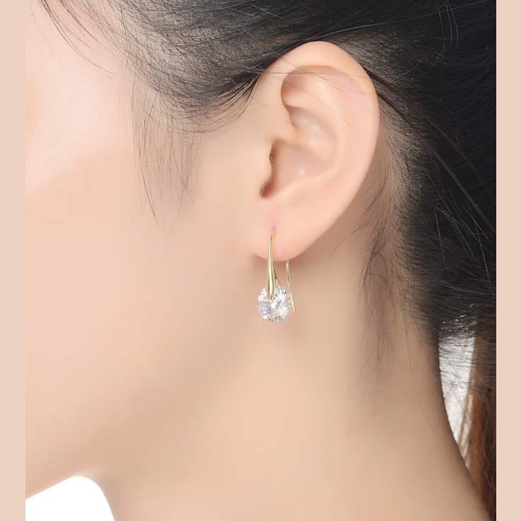 CZ Solitaire Drop Earrings In 14K Gold Over Brass