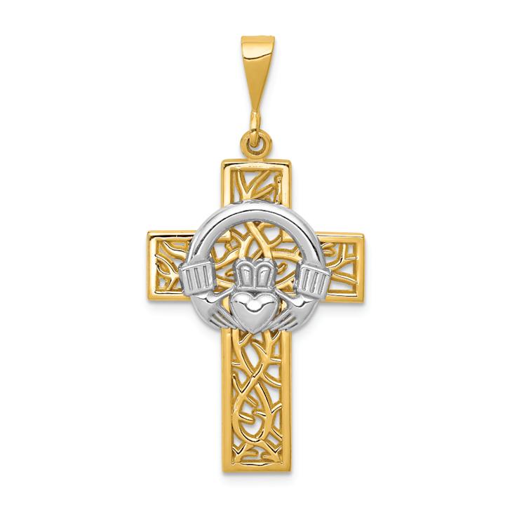 14k Yellow Gold and 14k White Gold Textured Claddagh Cross Pendant