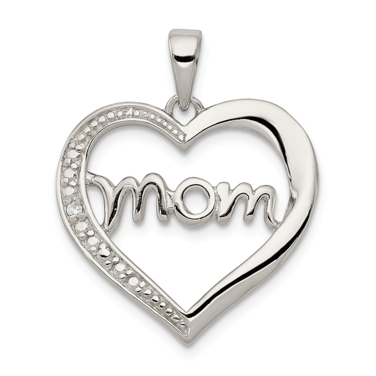 Rhodium Over Sterling Silver MOM Cubic Zirconia Heart Pendant
