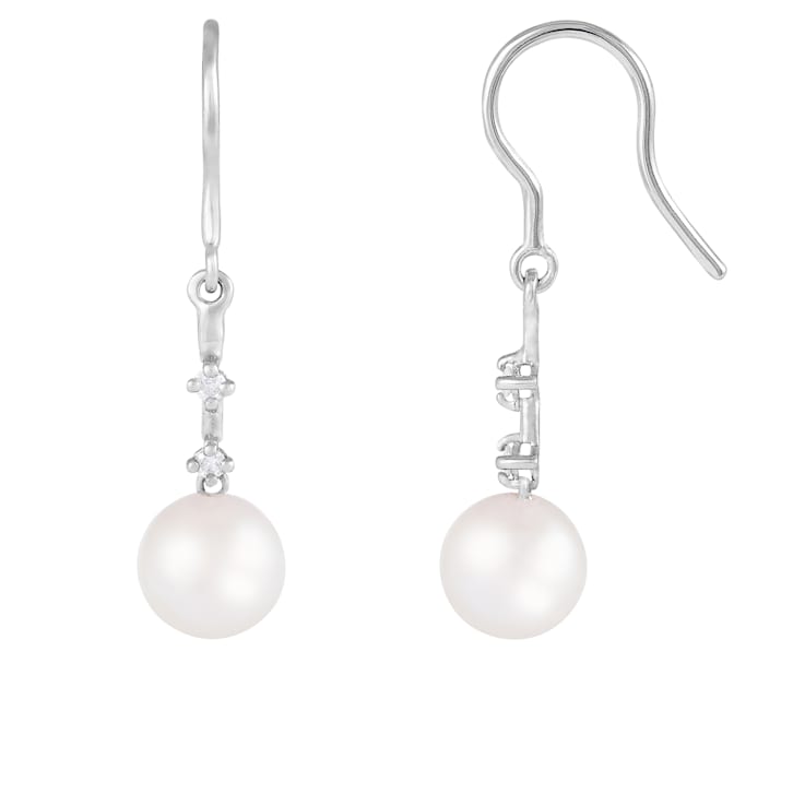 7-7.5mm Akoya Pearl with Diamond Accent 14K White Gold Dangle Earrings, 0.08ctw