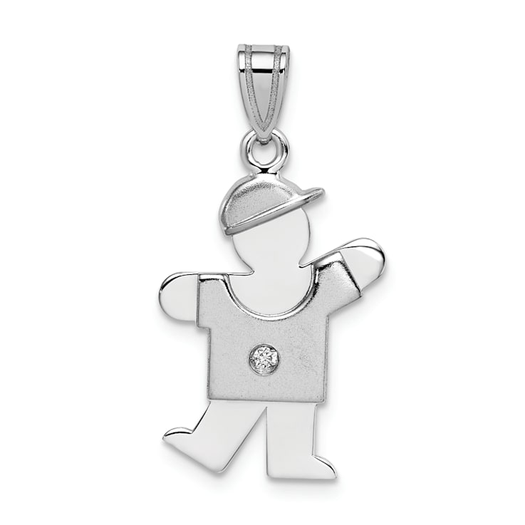 Rhodium Over 14k White Gold Satin Diamond Kid with Hat Pendant