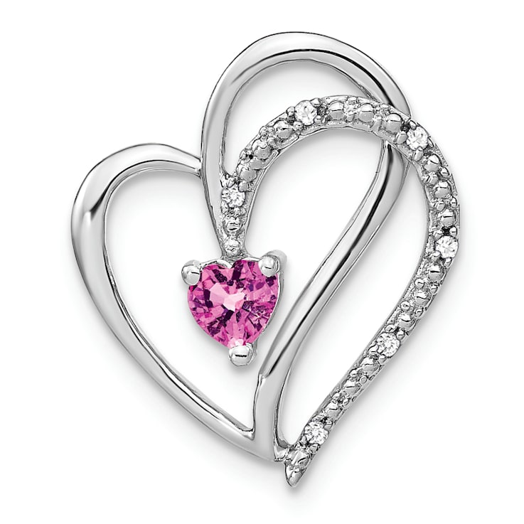 Rhodium Over 14k White Gold Pink Sapphire and Diamond Heart Chain Slide
