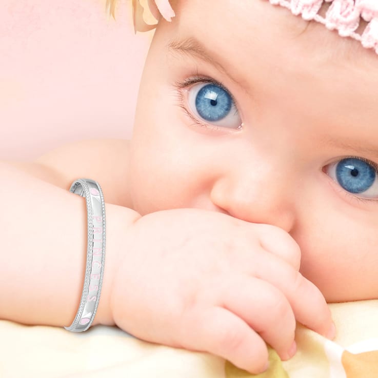 Rhodium Over Sterling Silver Enamel PRINCESS with Chain Baby Bangle