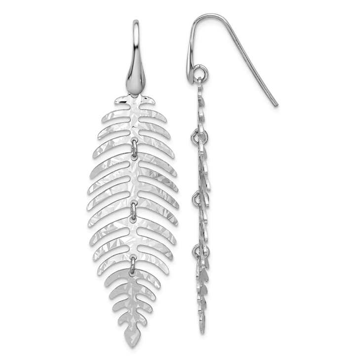 Rhodium Over Sterling Silver Textured Moveable Leaf Dangle Earrings