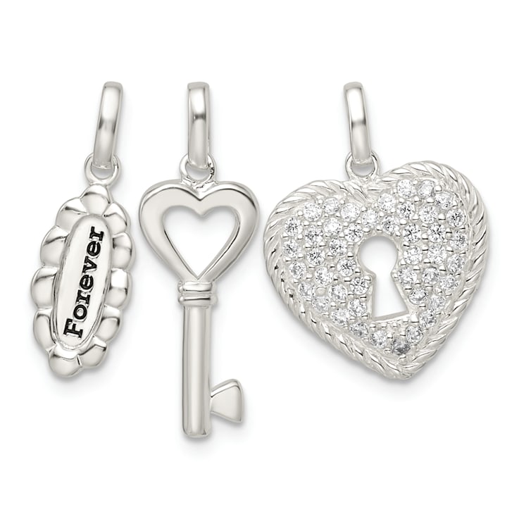 Sterling Silver Antiqued Cubic Zirconia 3 Piece Forever Pendant Set