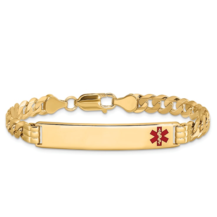 14k Yellow Gold Medical Red Enamel Curb Link ID Bracelet