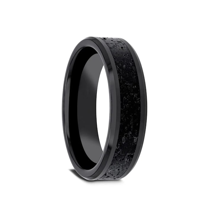 VESUVIUS Men’s Polished Black Ceramic Band with Lava Rock Stone Inlay
& Polished Beveled Edges 6mm