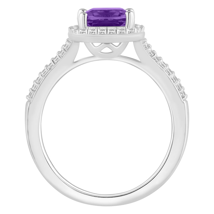 7mm Cushion Amethyst 1/4 ctw Diamond Rhodium Over Sterling Silver Halo Ring
