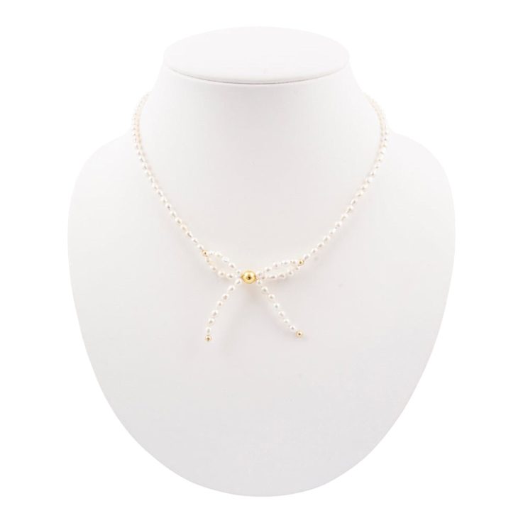 Cultured Freshwater Pearl Bow Necklace with Gold-Tone Brass Accents