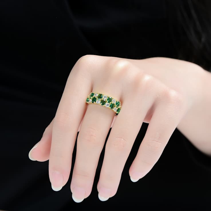 Emerald Color CZ And White CZ Band Ring In 14K Gold Over Sterling Silver