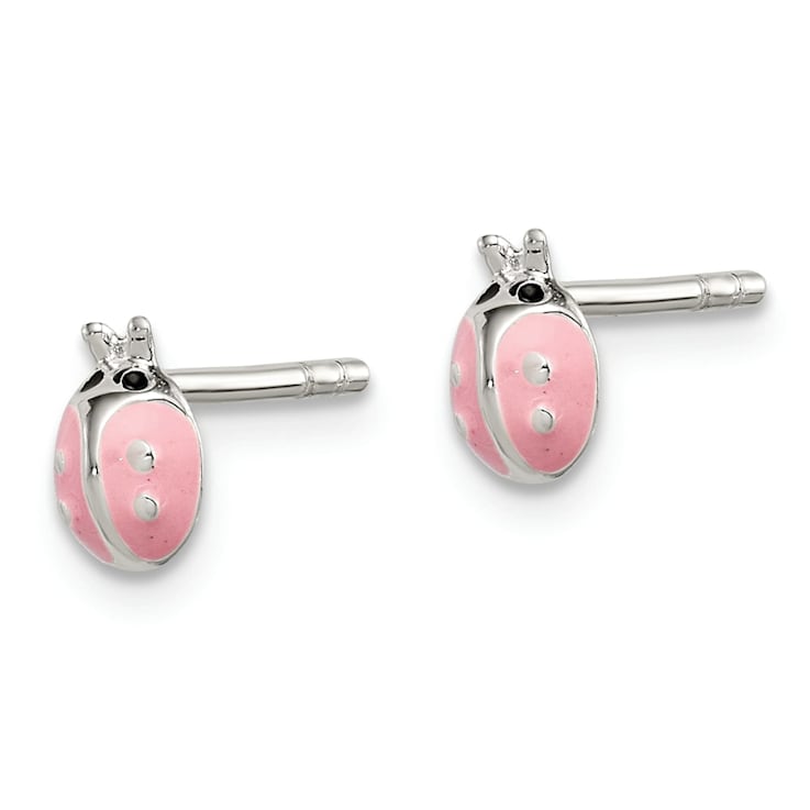 Sterling Silver Black/Pink Enamel Ladybug Children's Post Earrings