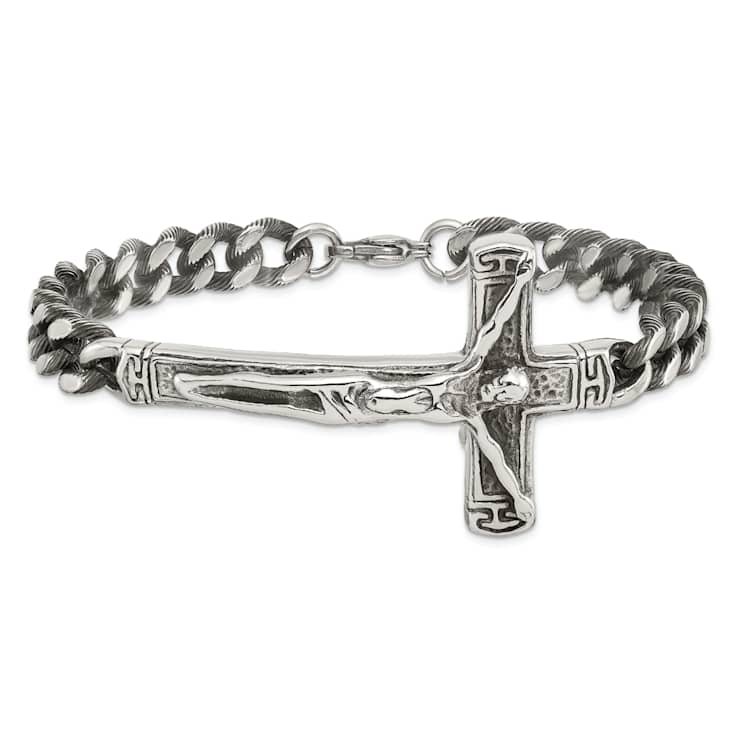 Stainless Steel Antiqued and Polished Crucifix Bracelet