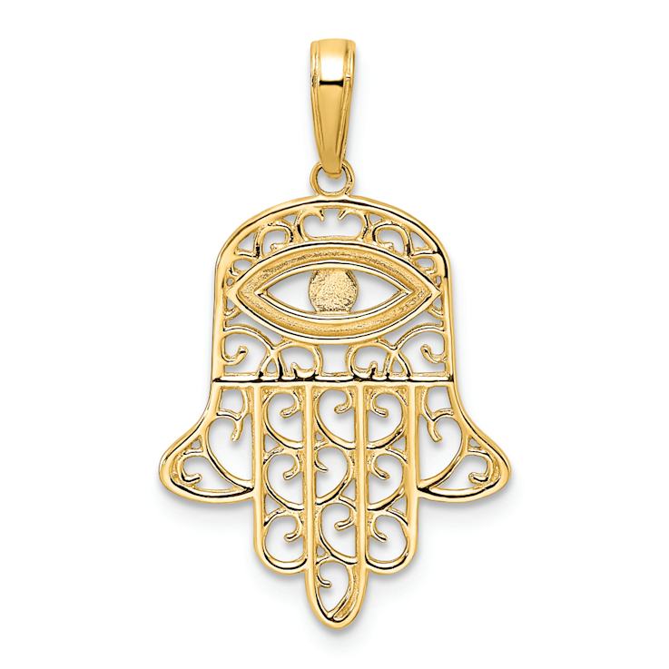 14k Two-tone Gold  Diamond-Cut Filigree Evil Eye Hamsa Pendant