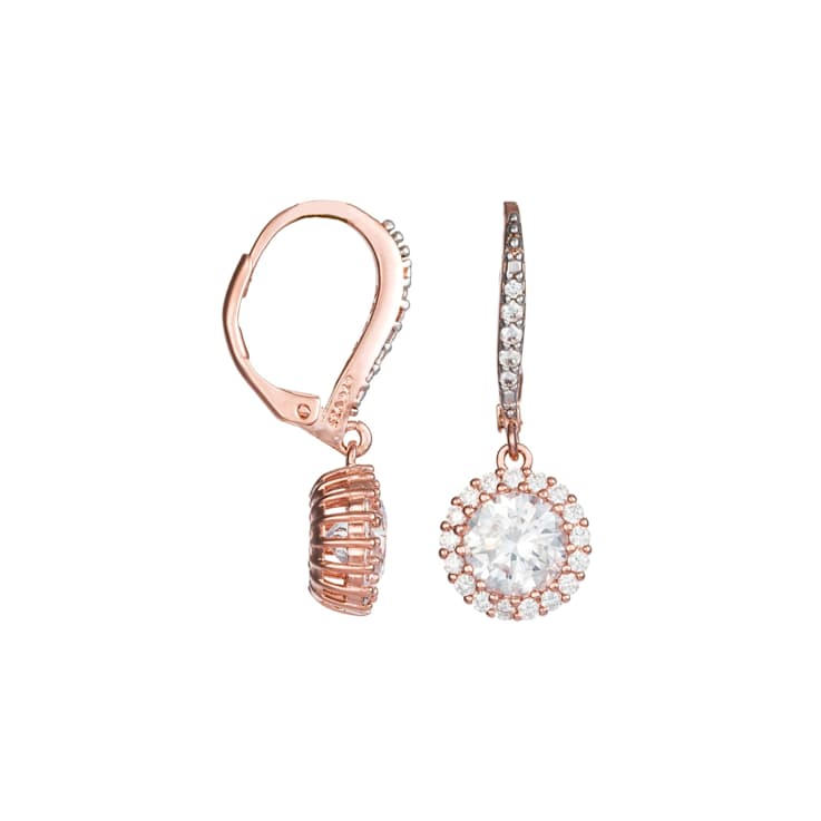 CZ Halo Drop Earrings In 18K Rose Gold Over Sterling Silver