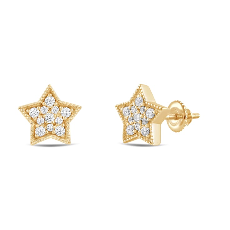 White Cubic Zirconia 14k Yellow Gold Star Earrings With Velvet Gift Box 0.30ctw