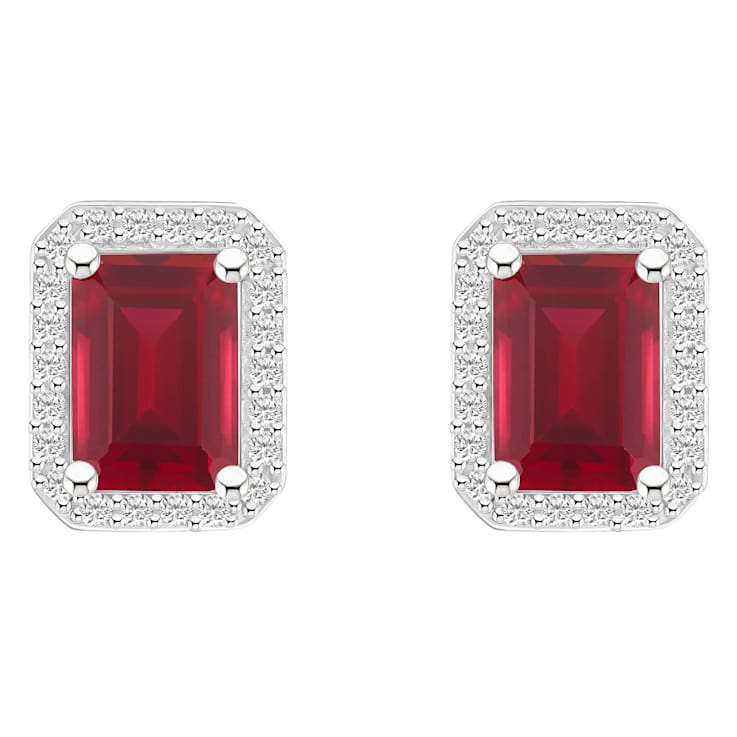 7x5mm Emerald Cut Created Ruby And Created White Sapphire 10k White Gold
Halo Stud Earrings