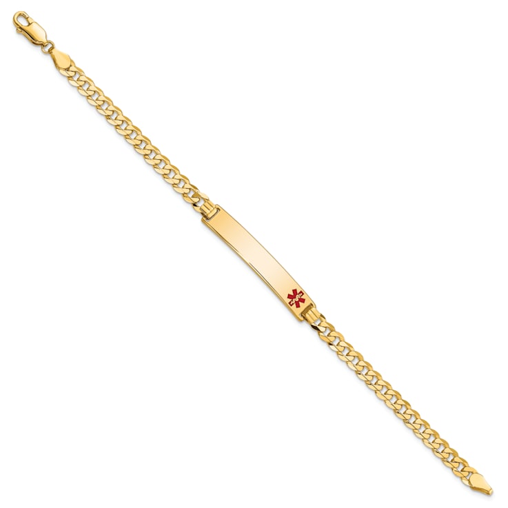 14k Yellow Gold Medical Red Enamel Flat Curb Link ID Bracelet