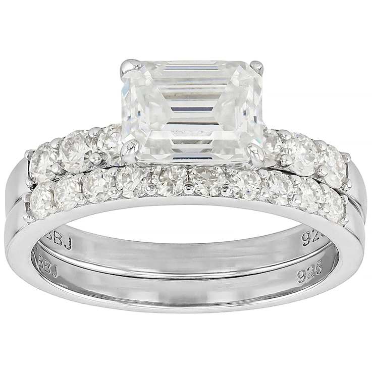 Refined Moissanite Emerald-Cut Ring And Band Set In Platinum-Enhanced
Sterling Silver