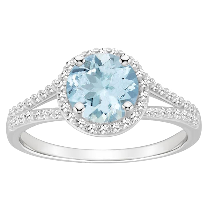 7mm Round Aquamarine 1/4 ctw Diamond Rhodium Over Sterling Silver Halo Ring