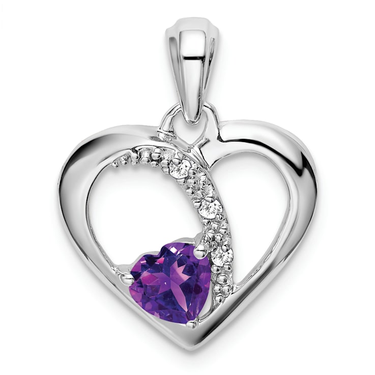 Rhodium Over 14k White Gold Amethyst and Diamond Heart Pendant
