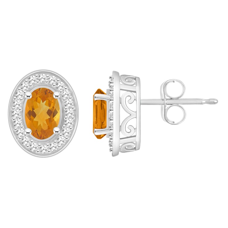 6x4mm Oval Citrine 1/5 ctw Diamond Rhodium Over Sterling Silver Halo
Stud Earrings