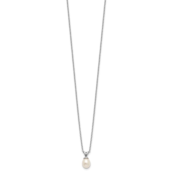Rhodium Over Sterling Silver White Rice 6-7mm FWC Pearl Necklace