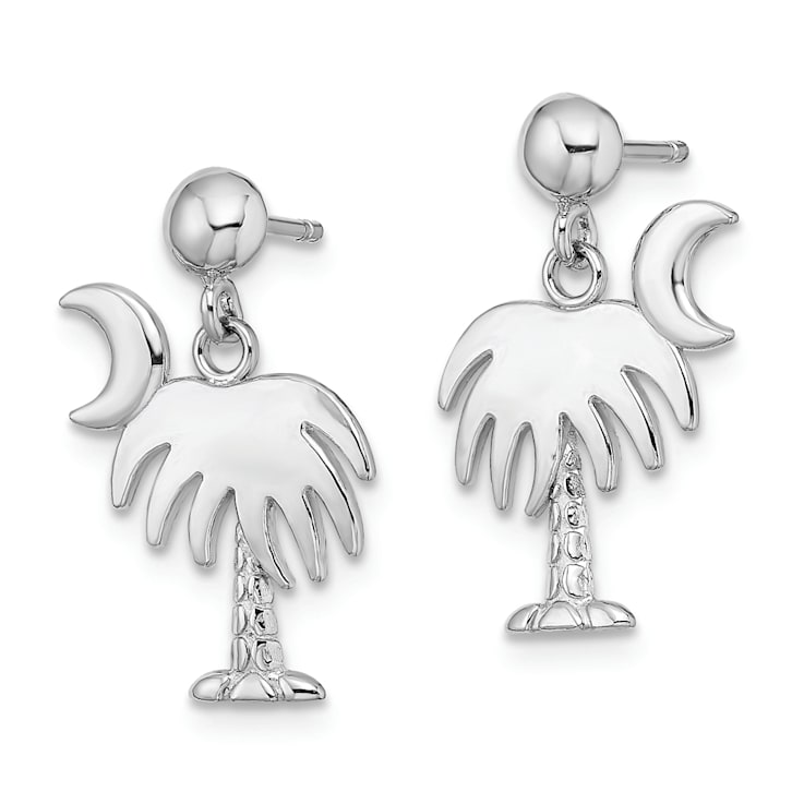Rhodium Over 14k White Gold Charleston Palm Tree with Moon Dangle Earrings