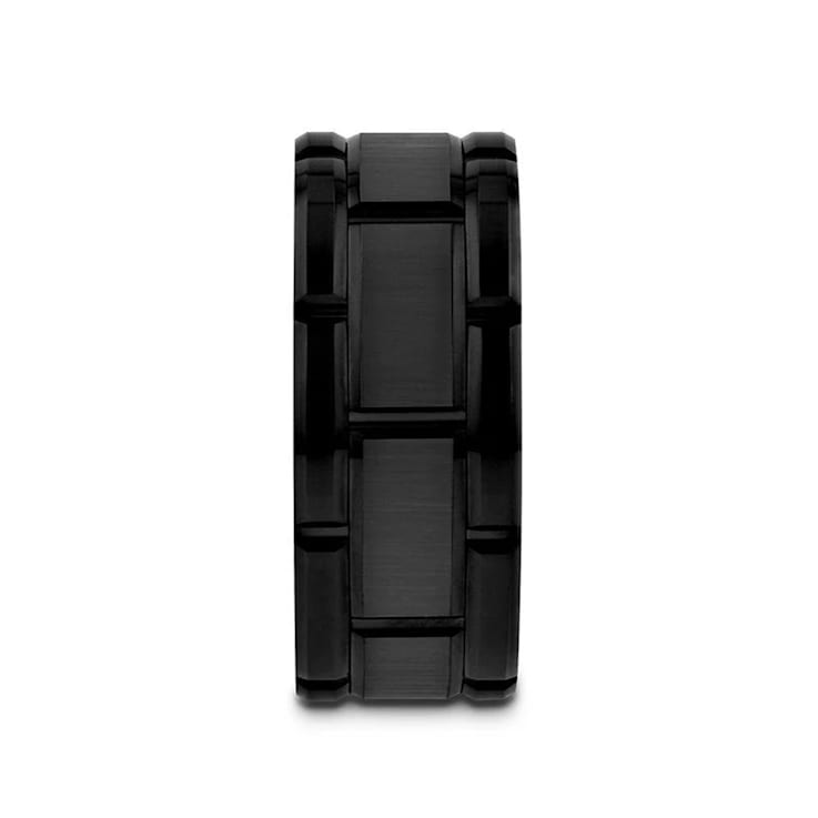 WINDSOR Beveled Black Tungsten Carbide Wedding Band with Brushed Finish
and Alternating Grooves 10mm