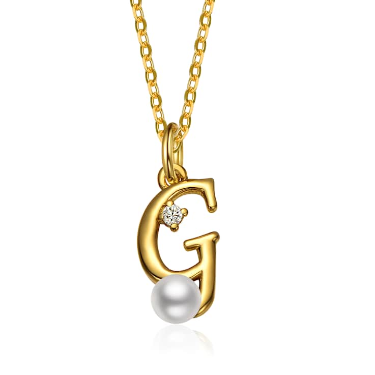 Initial G CZ And Pearl Simulant Pendant Necklace In 14K Gold Over Brass