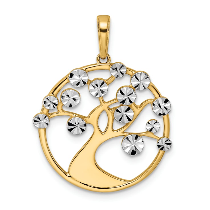 14k Two-tone Gold Rhodium Diamond-Cut Tree of Life Pendant