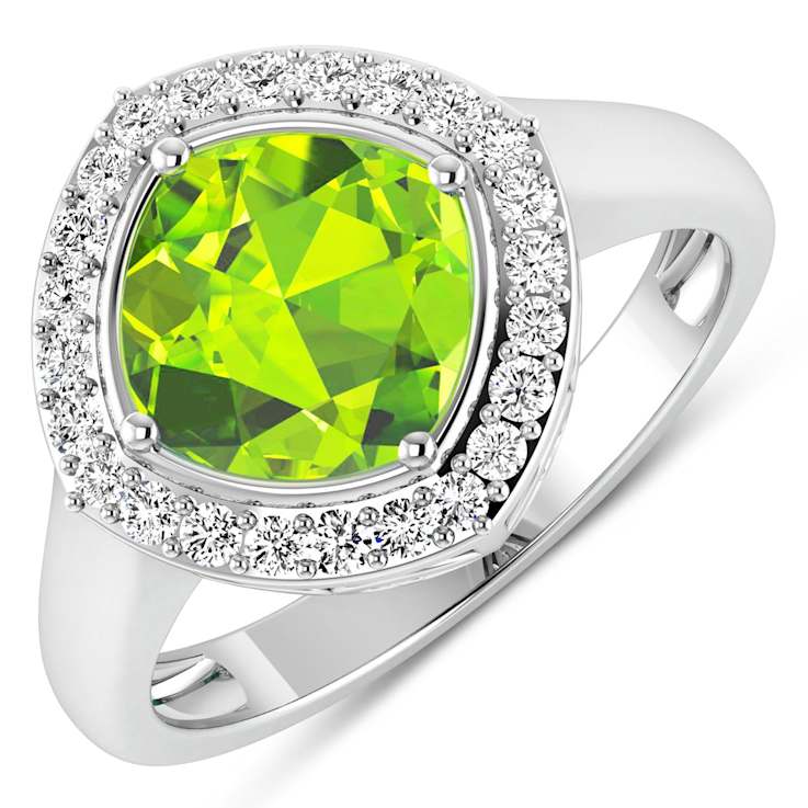 Cushion Cut Green Peridot and White Diamond 14K White Gold Halo Ring
2.26 ctw