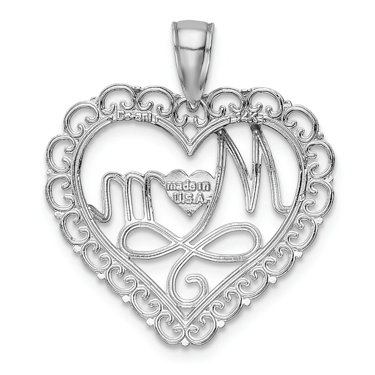 Rhodium Over 14k White Gold Polished and Textured Mom Scallop Heart Pendant
