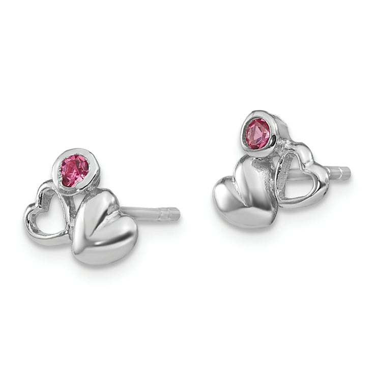 Rhodium Over Sterling Silver Child's Pink Preciosa Crystal Heart Post Earrings