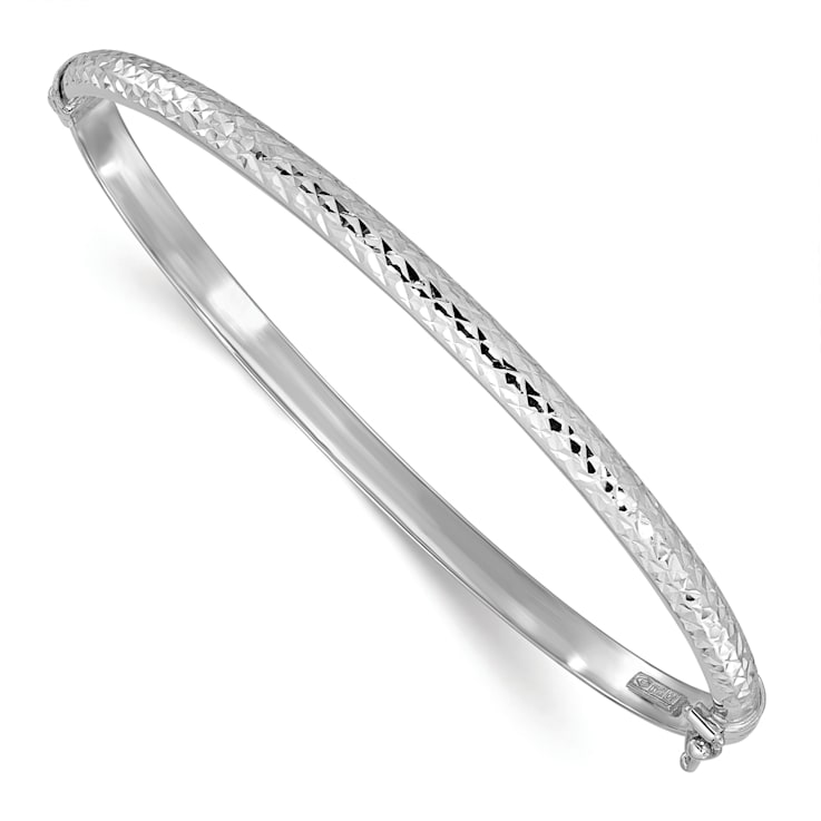 Rhodium Over 14K White Gold Diamond Cut 4mm Hinged Bangle