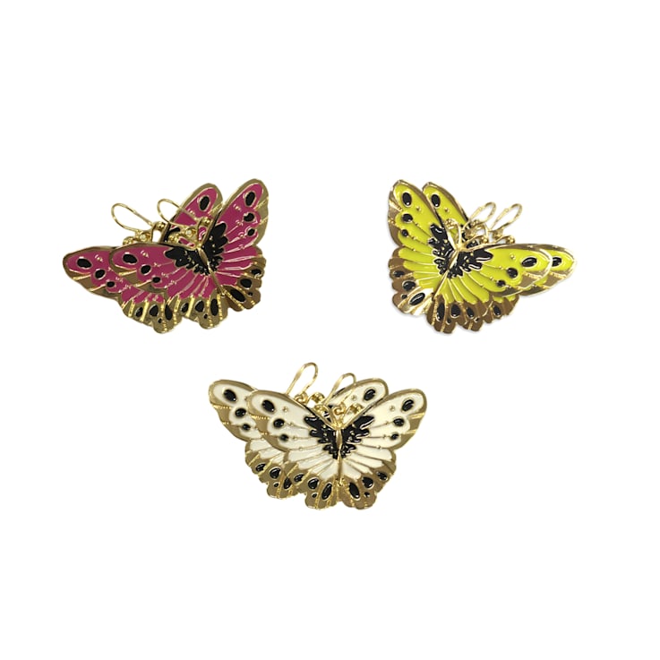 3 Pack Gold Tone White, Yellow and Pink Enamel Butterfly Earrings