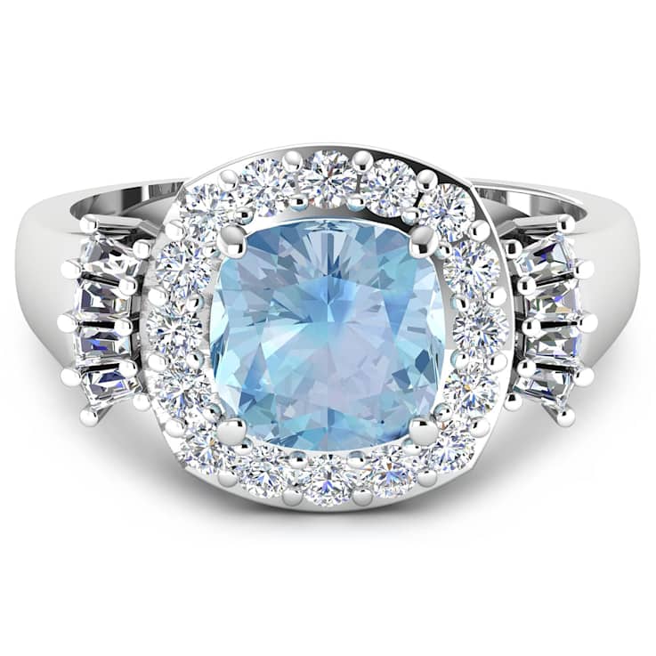 2.21ctw Blue Aquamarine and Diamond 14K White Gold Halo Ring