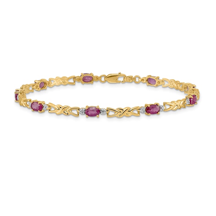 14k Yellow Gold and Rhodium Over 14k Yellow Gold Diamond and Oval Ruby Bracelet