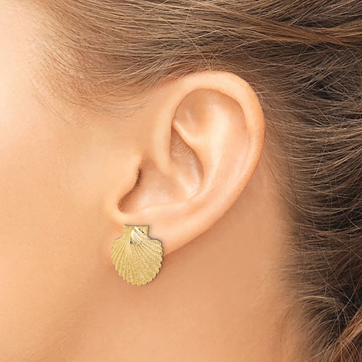 14k Yellow Gold 2D Textured Scallop Shell Stud Earrings