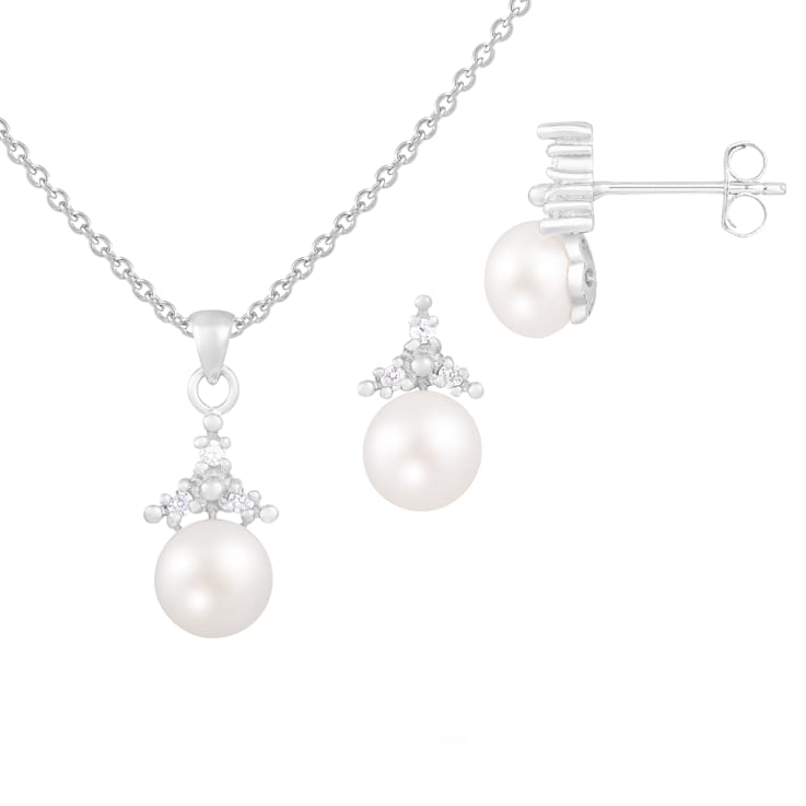 6-7mm Button White Freshwater Pearl and CZ Rhodium Over Sterling Earring
and Pendant W/Chain Set