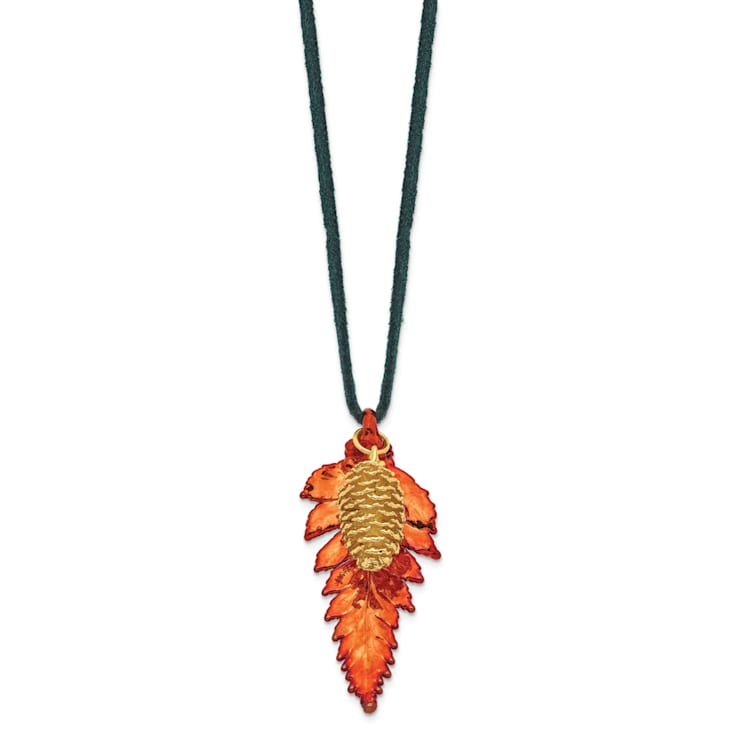 Iridescent Copper Fern Leaf and 24k Yellow Gold Dipped Pine Cone 20 Inch Necklace