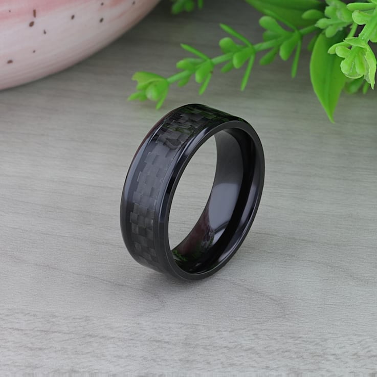 ONYX Black Carbon Fiber Inlaid Black Ceramic Wedding Band 8mm