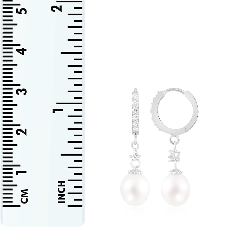 7-8mm White Cultured Freshwater Pearl and Cubic Zirconia Rhodium Over
Sterling Silver Earrings