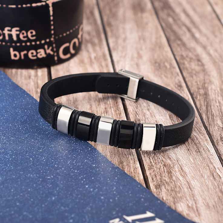 Mens Black Leather and Stainless Steel Station Bracelet