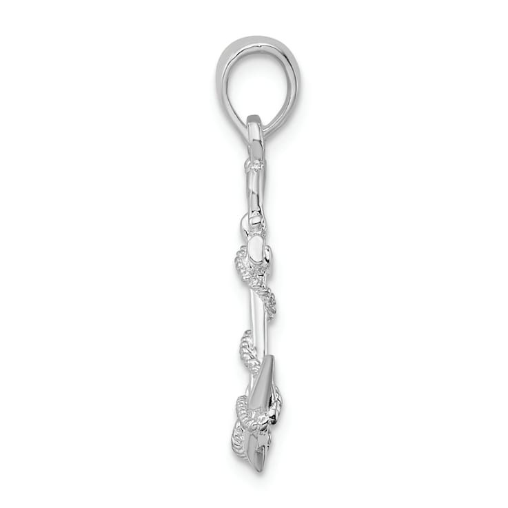 Rhodium Over Sterling Silver 3D Anchor with Rope and Shackle Pendant