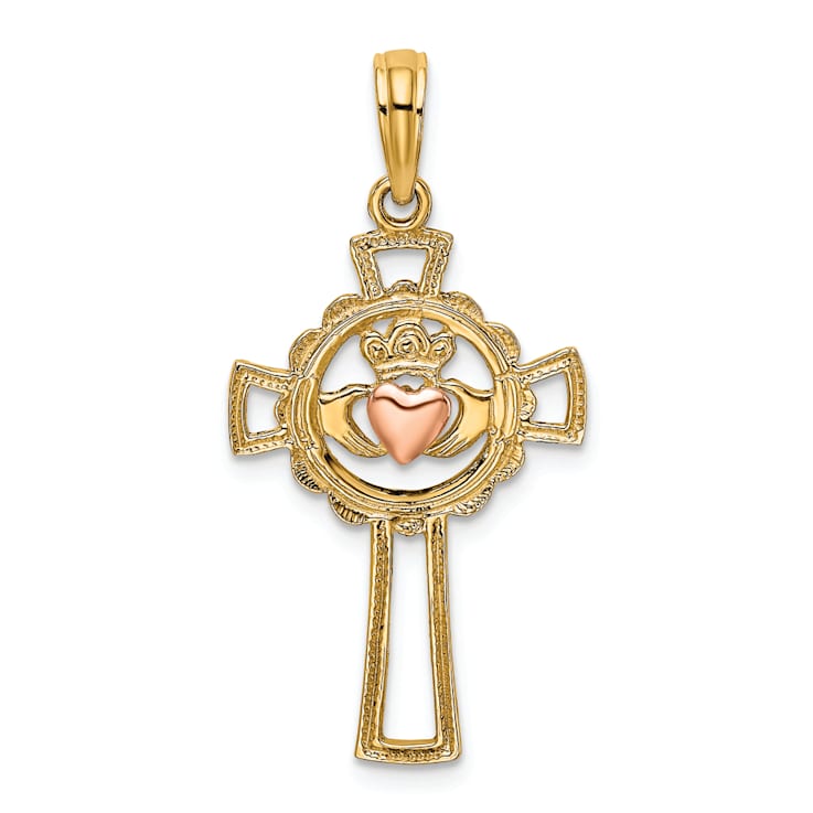 14K Yellow Gold and 14k Rose Gold Textured Claddagh Cross Charm