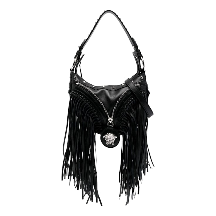Versace Repeat Fringe La Medusa Mini Hobo Shoulder Bag Black