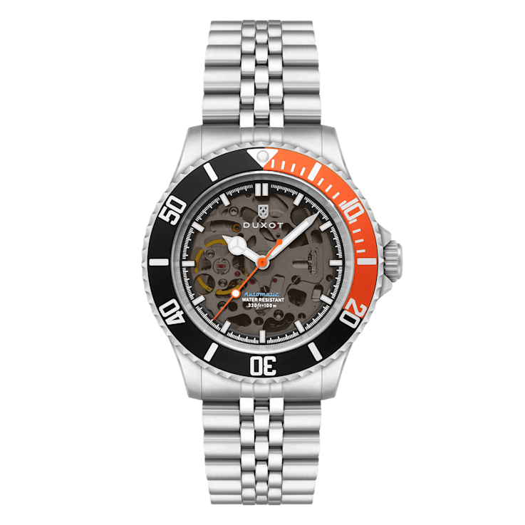 Duxot Atlantica Skeleton Diver Black Dial W/Orange Accent White
Stainless Steel Band Automatic Watch