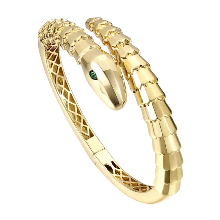 Emerald Color CZ Serpent Bypass Cuff Bracelet In 14K Gold Over Brass