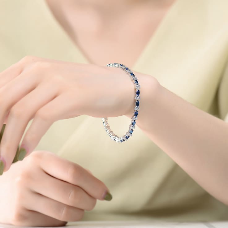 Sapphire Color CZ Tennis Bracelet In White Rhodium Over Brass